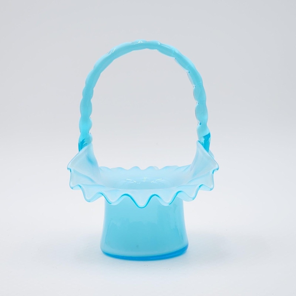 Fenton Turquoise Opalescent Top Hat Basket Blue Bamboo Handle 1950s - Picture 3 of 9